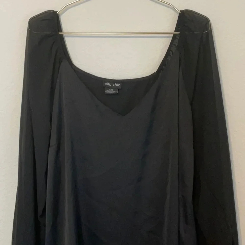 City Chic Black Satin Body with Sheer Long Sleeve Scoop Neck Blouse - Picture 2 of 10